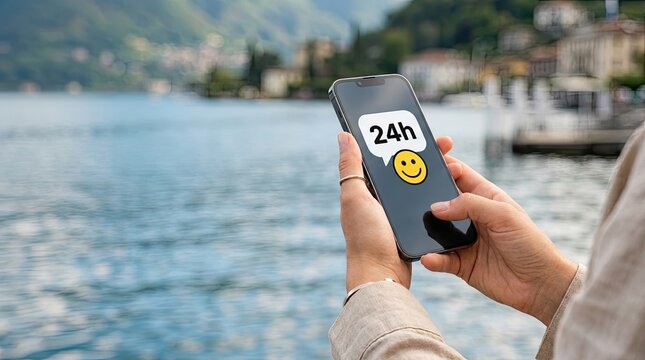 Person using smartphone with 24h smiley face icon by a lake