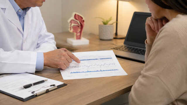 A doctor hand pointing to a simple sleep pattern chart on a clinic desk while a patient listens attentively. Sleep apnea diagnosis consultation concept.