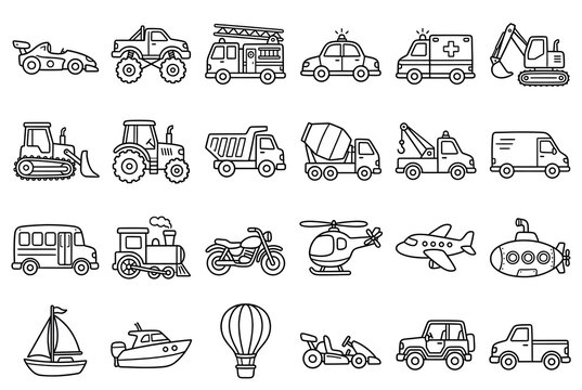 Kids Vehicles and Transportation Vector Icon Set - Cars Trucks and Aircraft Line Art Illustration