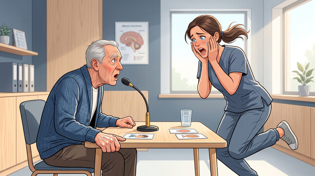 Elderly man undergoing speech therapy assessment into table microphone with surprised female speech-language pathologist in clinic stock illustration&mdash;featuring a senior male patient practicing vocal e