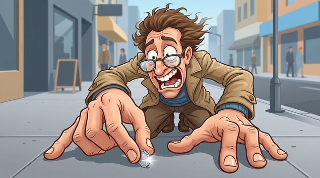 Funny cartoon man crawling on city sidewalk desperately trying to pick up shiny dropped coin stock illustration&mdash;featuring an eccentric wide-eyed man with glasses, messy brown hair, and oversized hands