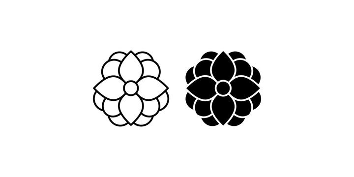 Black and outline camellia flower icon set for elegant design templates.