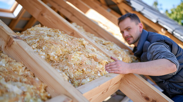 Thermal insulation filling the gaps between exposed wooden beams in a residential attic, soft mineral wool fitted tightly between the rafters, natural wood grain clearly visible, unfinished roof str