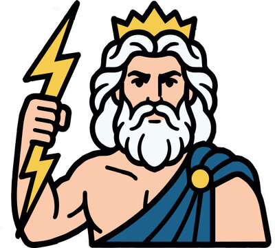 Ancient Greek god Zeus holding glowing lightning bolt wearing golden crown mythical deity character isolated EPS vector graphic design illustration art