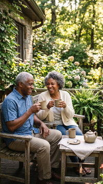 Happy senior couple enjoying coffee together on a sunny porch surrounded by nature, authentic retirement lifestyle, timeless family moment