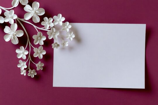 Blank horizontal paper sheet mockup on dark pink background with white flowers. Minimalist flat lay template with elegant blossom for wedding invitation, luxury greeting card, or message display.
