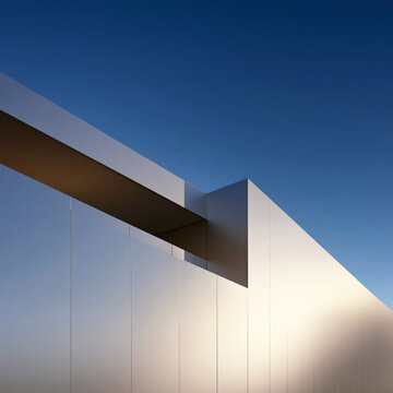 contemporary architectural detail against clear blue sky, modern minimalist futuristic architecture with blue summer sky, sleek geometric building facade in bright sunny daylight