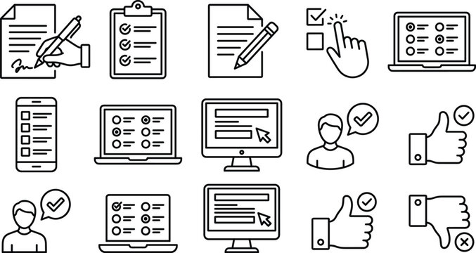 Online survey and feedback line icons vector set featuring laptop questionnaire clipboard form signature thumbs up and review