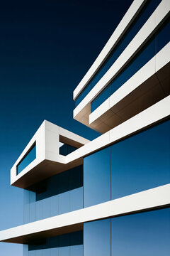 contemporary architectural detail against clear blue sky, modern minimalist futuristic architecture with blue summer sky, sleek geometric building facade in bright sunny daylight