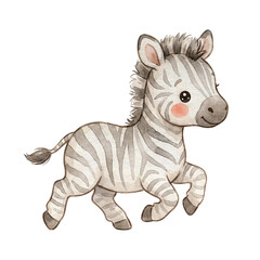 Naklejka premium Cute Baby Zebra Running Watercolor Clipart PNG, Playful Safari Animal Illustration for Nursery Decor and Kids Room