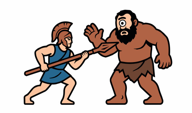 Ancient Greek hero warrior with sword fighting giant one-eyed cyclops monster epic mythology battle scene isolated EPS vector graphic illustration art