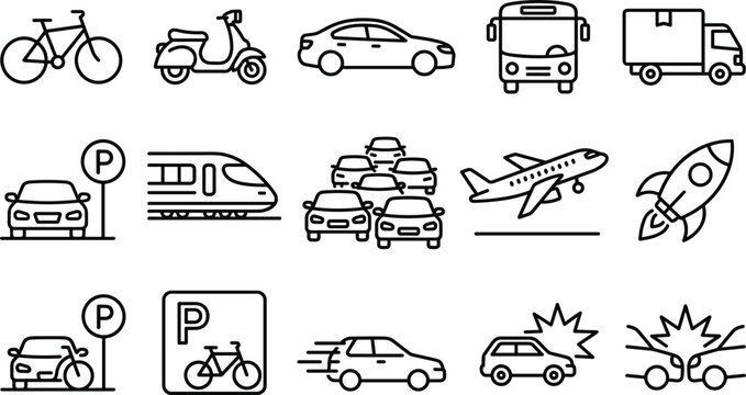 Transportation and traffic line icons vector set featuring car bicycle bus train airplane rocket parking and accident scenes