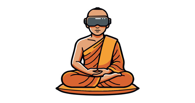 Buddhist monk meditating in lotus position wearing virtual reality VR headset spiritual mindfulness and modern tech concept isolated EPS vector illustration