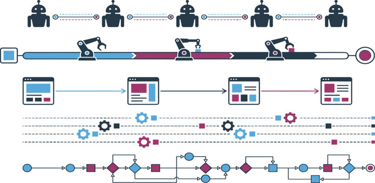 Automated manufacturing process timeline dividers set with robotic arms web flowcharts and digital pipeline elements