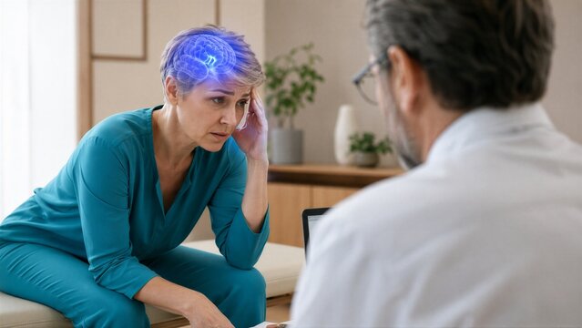 Woman with glowing brain at doctor consultation. Neurologist examining patient with headache or mental problem. Neurology, dementia, alzheimer and brain disorder concept.