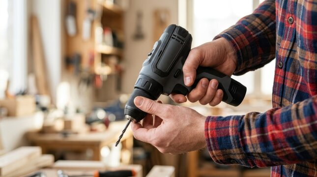 Carpenter hands preparing cordless drill with drill bit in workshop