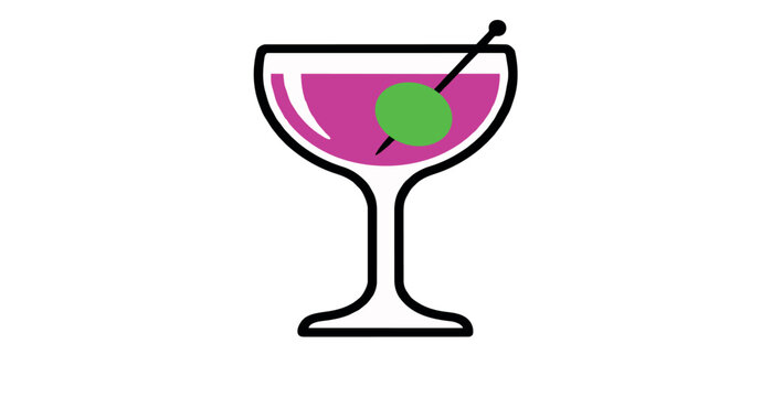 Classic martini cocktail glass with green olive on toothpick alcohol drink bar menu icon symbol isolated EPS vector illustration clip art graphic design