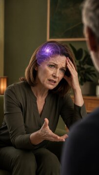 Woman with glowing brain hologram suffering from headache during consultation with doctor. Dementia, Alzheimer and mental health concept. Neurology and memory loss treatment.