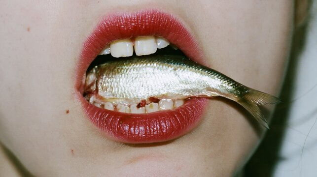 Close-up of woman biting a fish with lips and teeth, food and seafood concept