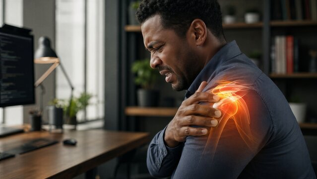African american man suffering from shoulder pain at office desk. Glowing joint inflammation visualization. Workplace injury, office ergonomics and musculoskeletal health concept.