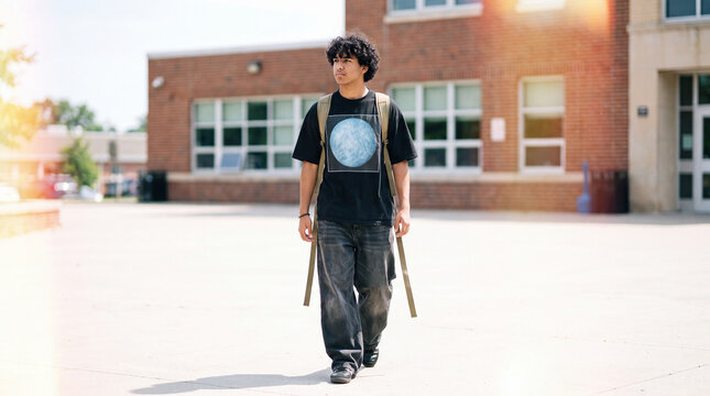 The way to school. A young teenage boy with a backpack walks near the school building on a sunny day. The concept of the beginning of the academic year, education, student life and street style