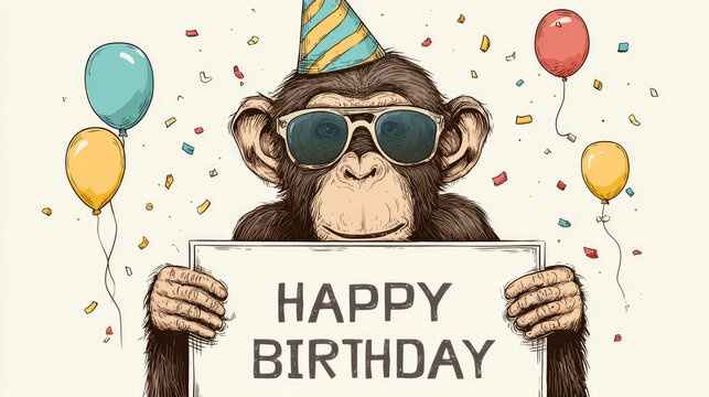 cool monkey with sunglasses celebrates birthday holding happy birthday sign illustration