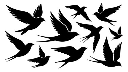 Fototapeta premium Flying birds silhouettes pattern wallpaper isolated on PNG transparent background. Birds flock isolated. Birds flock template.
