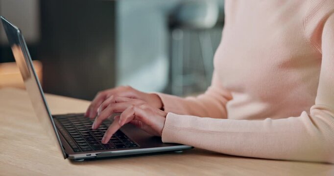 Freelancer, home and hands with laptop, online and research for article publication and copywriting. Remote work, typing and person with technology, email marketing and editing blog post in house
