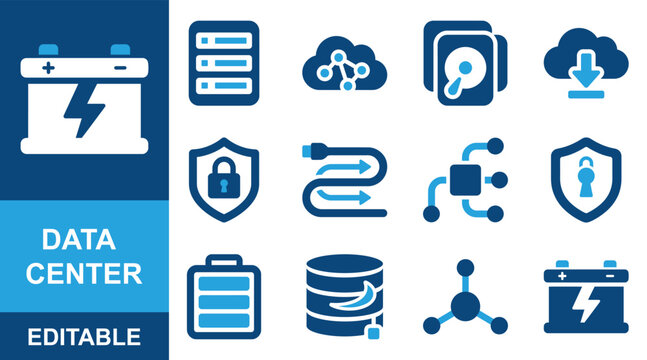 Data Center Server Cloud Network Security Power and Storage Vector Icon Set