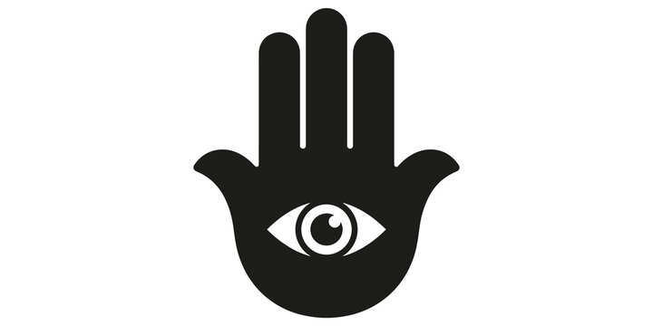 Black hamsa hand symbol protecting against evil eye with open palm.
