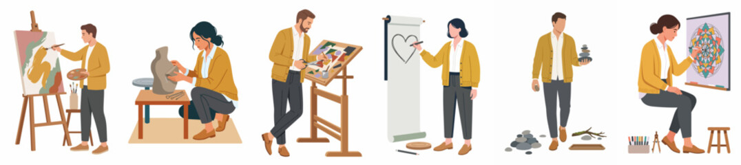 Obraz premium Flat vector illustration set of diverse artists engaged in various creative activities like painting, sculpting, drawing, and designing.
