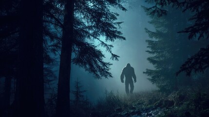Fototapeta premium bigfoot walk in a foggy fir forest landscape