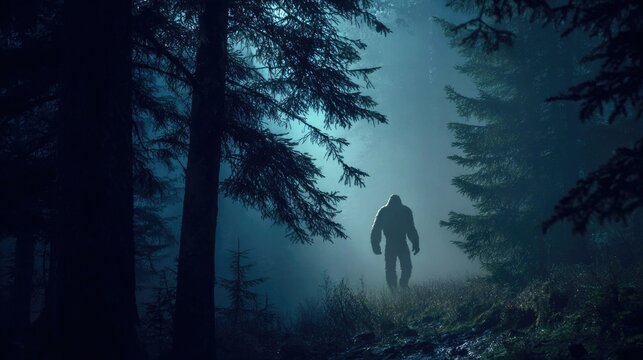 bigfoot walk in a foggy fir forest landscape