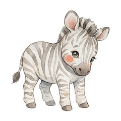 Naklejka premium Cute Baby Zebra Standing Watercolor Clipart PNG, Adorable Safari Animal Illustration for Nursery Decor and Kids Room