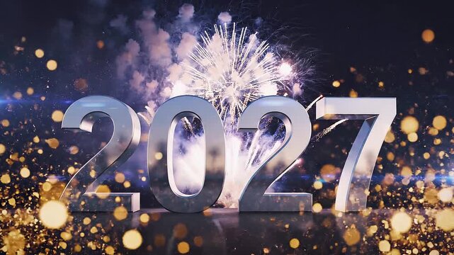 Espectacular celebraci&oacute;n de A&ntilde;o Nuevo 2027 con n&uacute;meros tridimensionales brillantes y fuegos artificiales hiperrealistas iluminando el cielo nocturno.