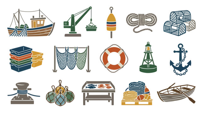 Nautical Fishing Equipment Icons Set - Flat Style Vector Art