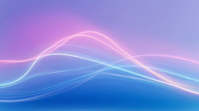 Dynamic flow of curved neon light waves on purple and blue gradient background