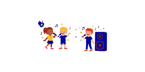 Fototapeta premium Diverse group of three children singing with microphones, surrounded by musical notes, spotlight, and speaker.