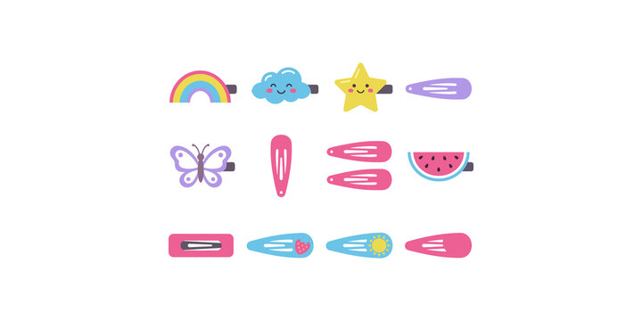 Collection of colorful hair clips in various shapes like rainbows, clouds, stars, butterflies, and fruit.