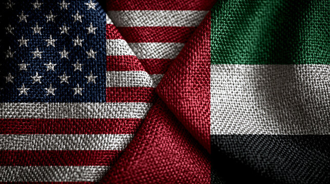 Close up of united states and united arab emirates fabric flags intertwined symbolizing friendship and diplomacy