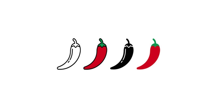 Four chili peppers in various styles and colors representing different levels of spiciness for culinary use.