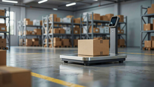 Precise weighing of a cardboard box on a digital scale within a modern warehouse, illustrating efficient logistics, accurate inventory, and streamlined shipping