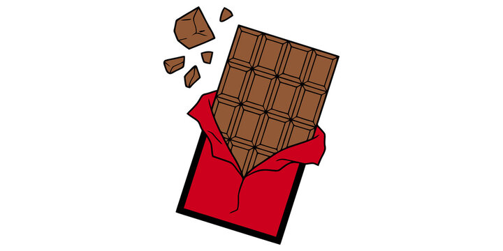 Cracked milk chocolate bar with red wrapper unwrapped and ready for eating as a sweet treat.