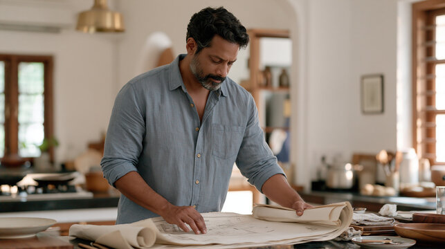 A civil engineer in a modest rural home lifts a rolled structural drawing carefully at first morning light, spreading it across a kitchen table in a wide establishing shot that