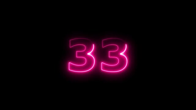 Neon number 33 icon animation. Glowing business number sign 4k video.