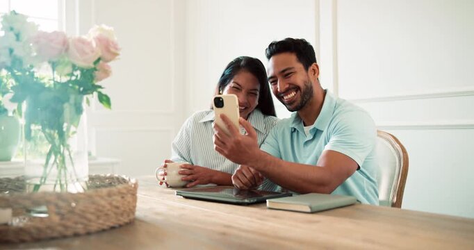 Happy, couple and video call in home with phone, online communication and wave together for goodbye. People, dating and greeting in house with tech, discussion or internet network for virtual meeting