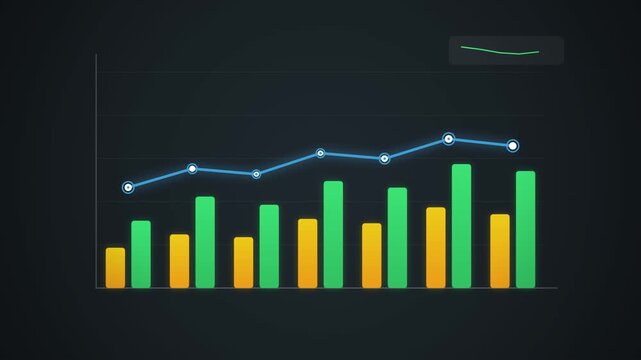Modern financial data visualization featuring a colorful bar chart and a trend line graph on a sleek dark background for business performance analysis