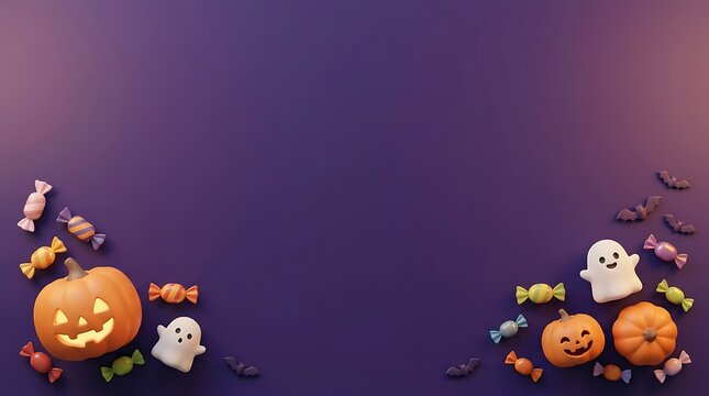 Halloween background with cute 3d pumpkins, ghosts, bats, and colorful candies on a purple surface, top view with copy space