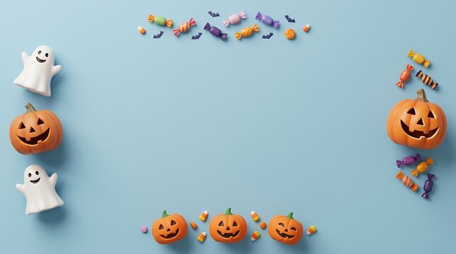 Halloween background with cute 3d pumpkins, ghosts, bats, and colorful candies on a light blue surface, top view with copy space