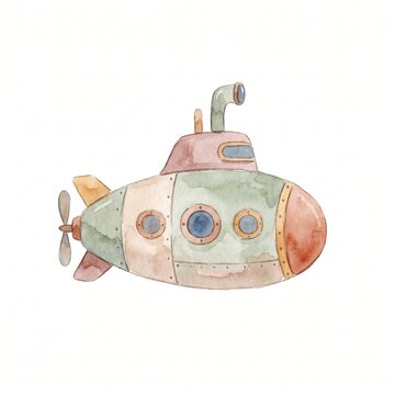 Cute watercolor illustration of a vintage underwater submarine vessel with a periscope isolated on a white background